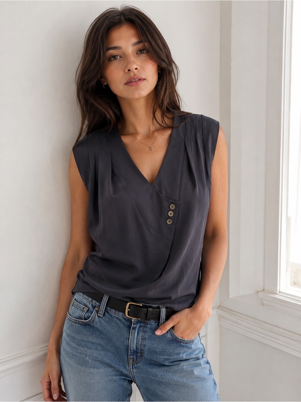 Liza Diaz Original Slate Grey Sleeveless V-Neck Drape Top
